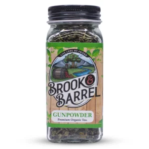 Brook & Barrel Organic Gunpowder Green Tea Sample – Loose Leaf USDA Certified Organic Green Tea, 6oz Glass Jar, Fruity Flavored Premium Tea